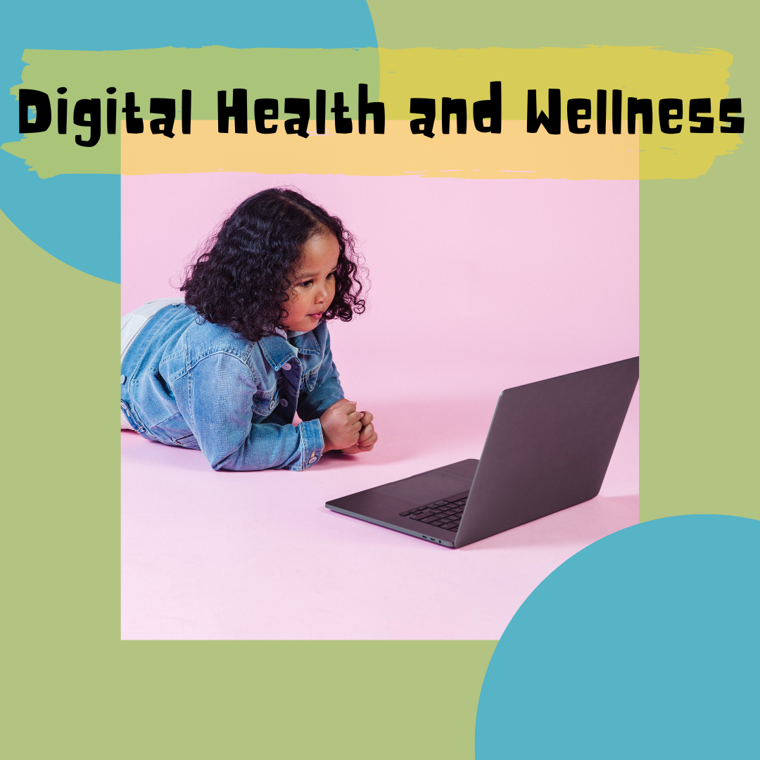 Girl with computer on a colorful background. Text reads: "Digital Health and Wellness"