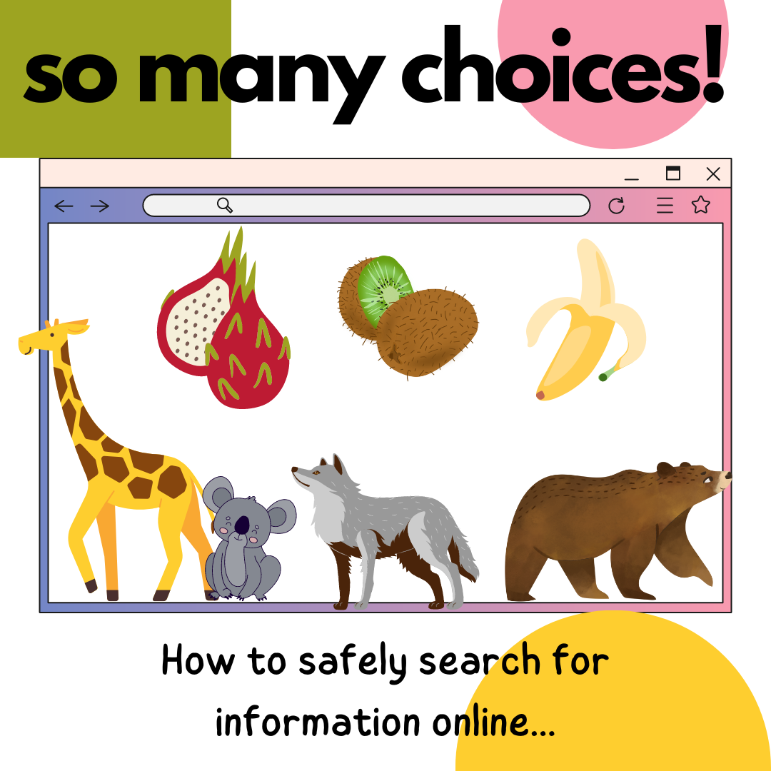 computer search tab with animals and fruits with text that reads: "so many choices!" and "How to safely search for information online..."
