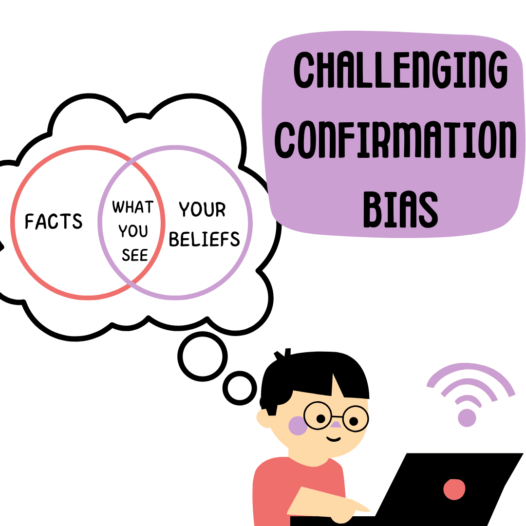 Boy in computer with text that reads: Challenging Confirmation Bias