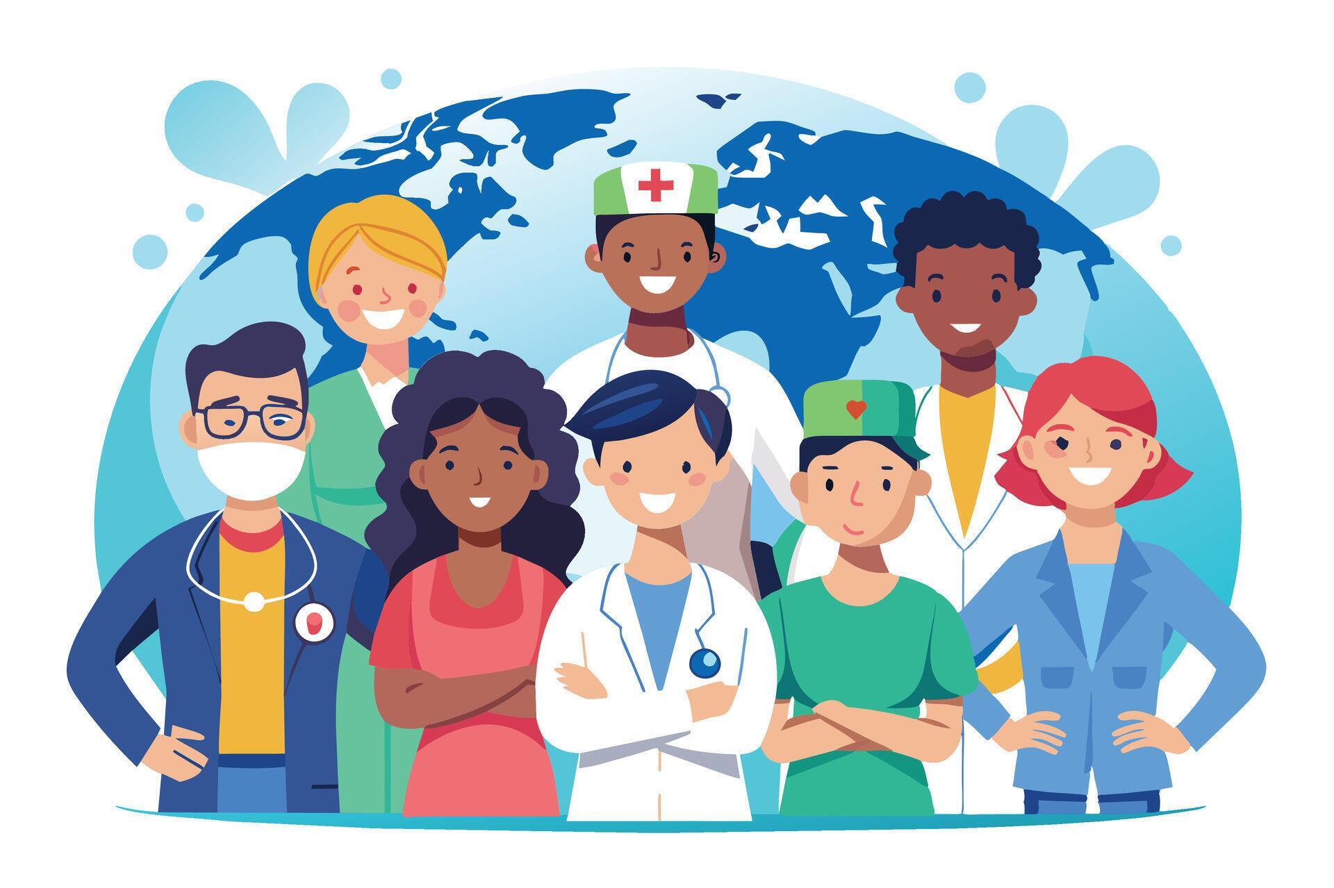 a-cartoon-illustration-depicting-a-group-of-diverse-healthcare-professionals-standing-together-in-front-of-a-world-map-symbolizing-global-